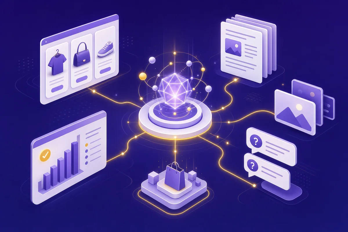 AI skilly propojené s obsahem e-shopu — produktové karty, texty, obrázky, FAQ a audity