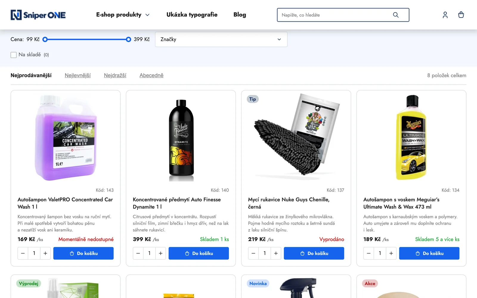 Výpis kategorie s osmi produkty: bez prázdných míst, počet kusů se mění přímo v náhledu