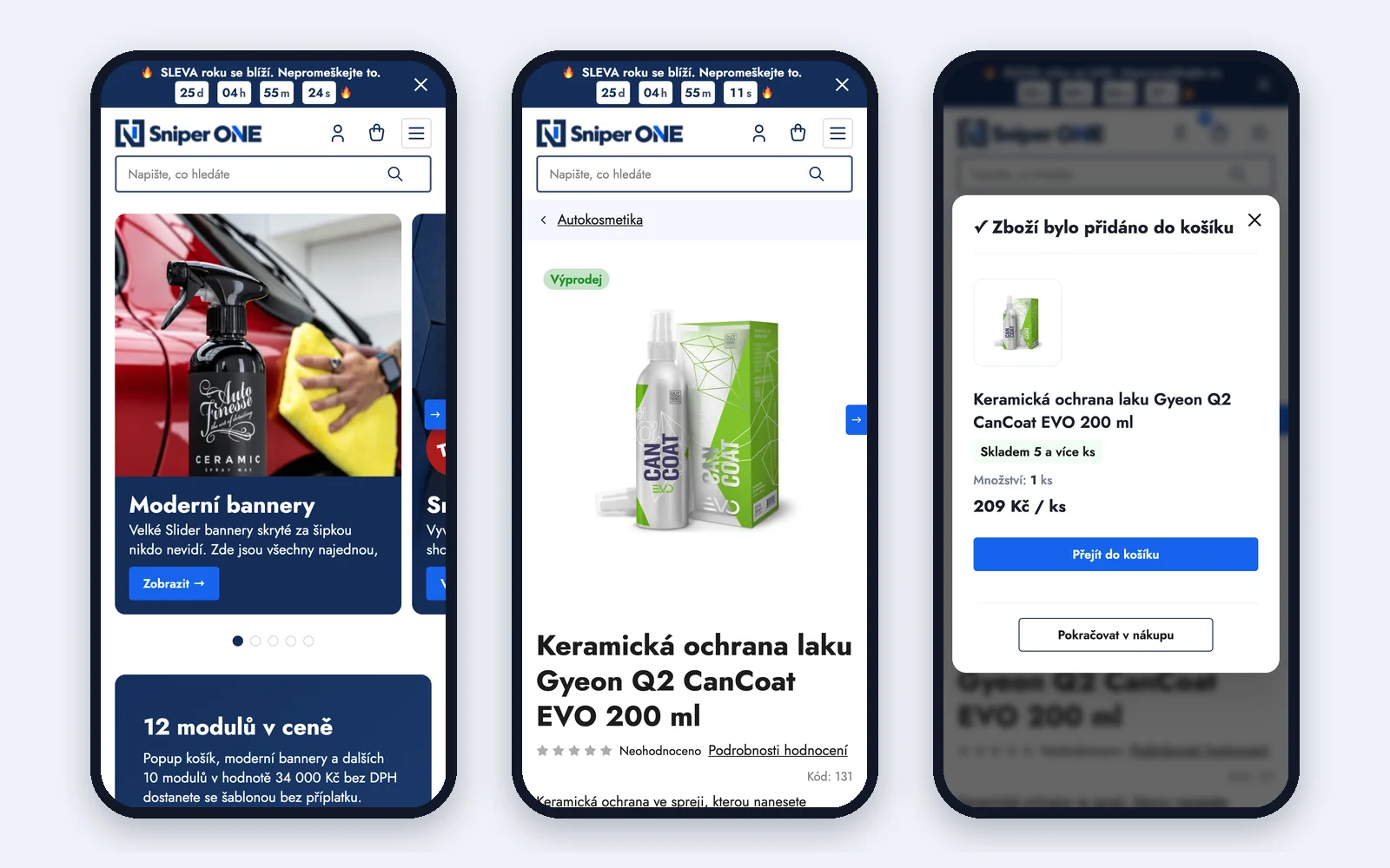 Na mobilu: úvodní stránka, detail produktu s galerií ovládanou tahem prstu a popup košík