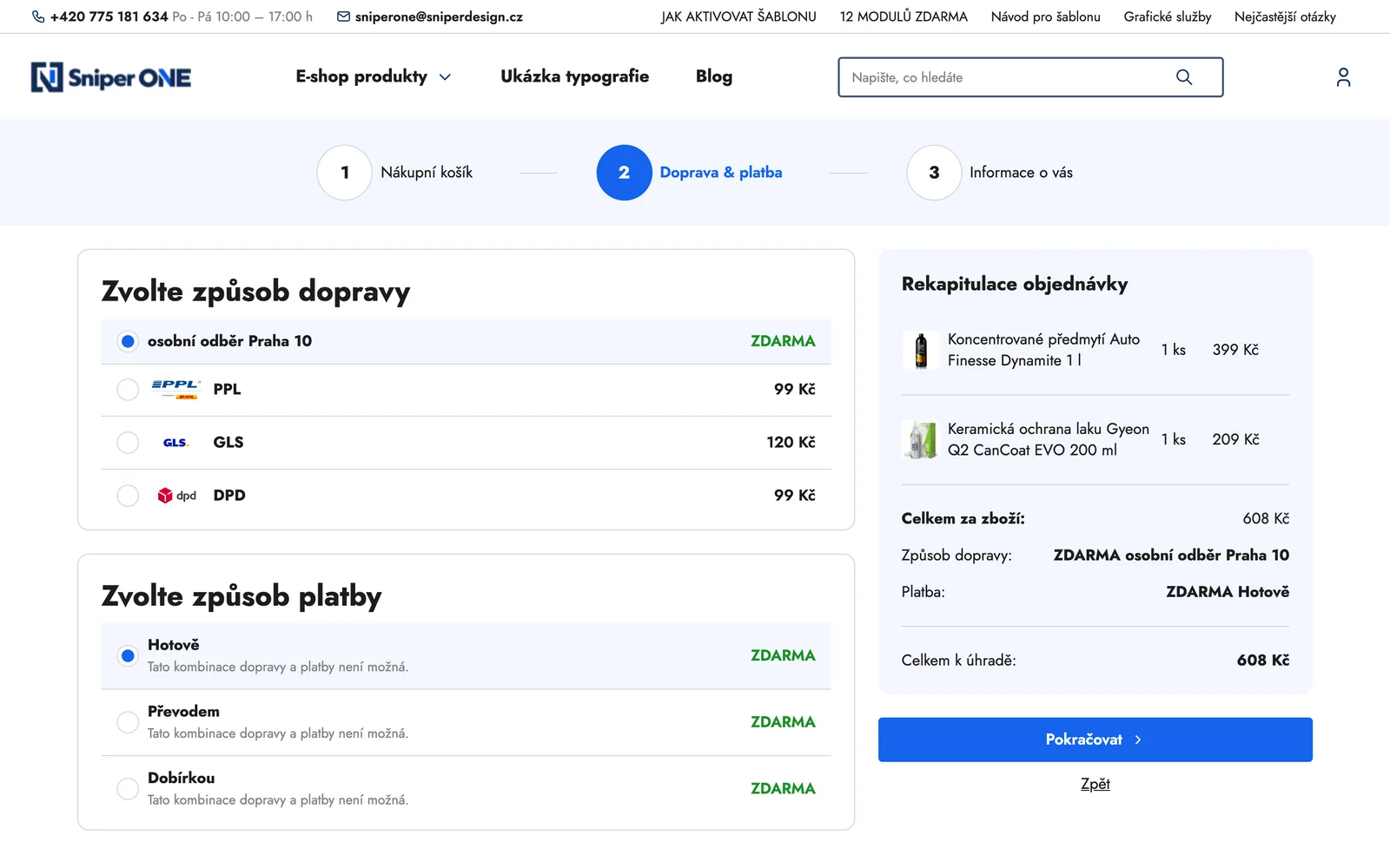 Objednávka: rekapitulace s fotkami produktů i v kroku Doprava a platba