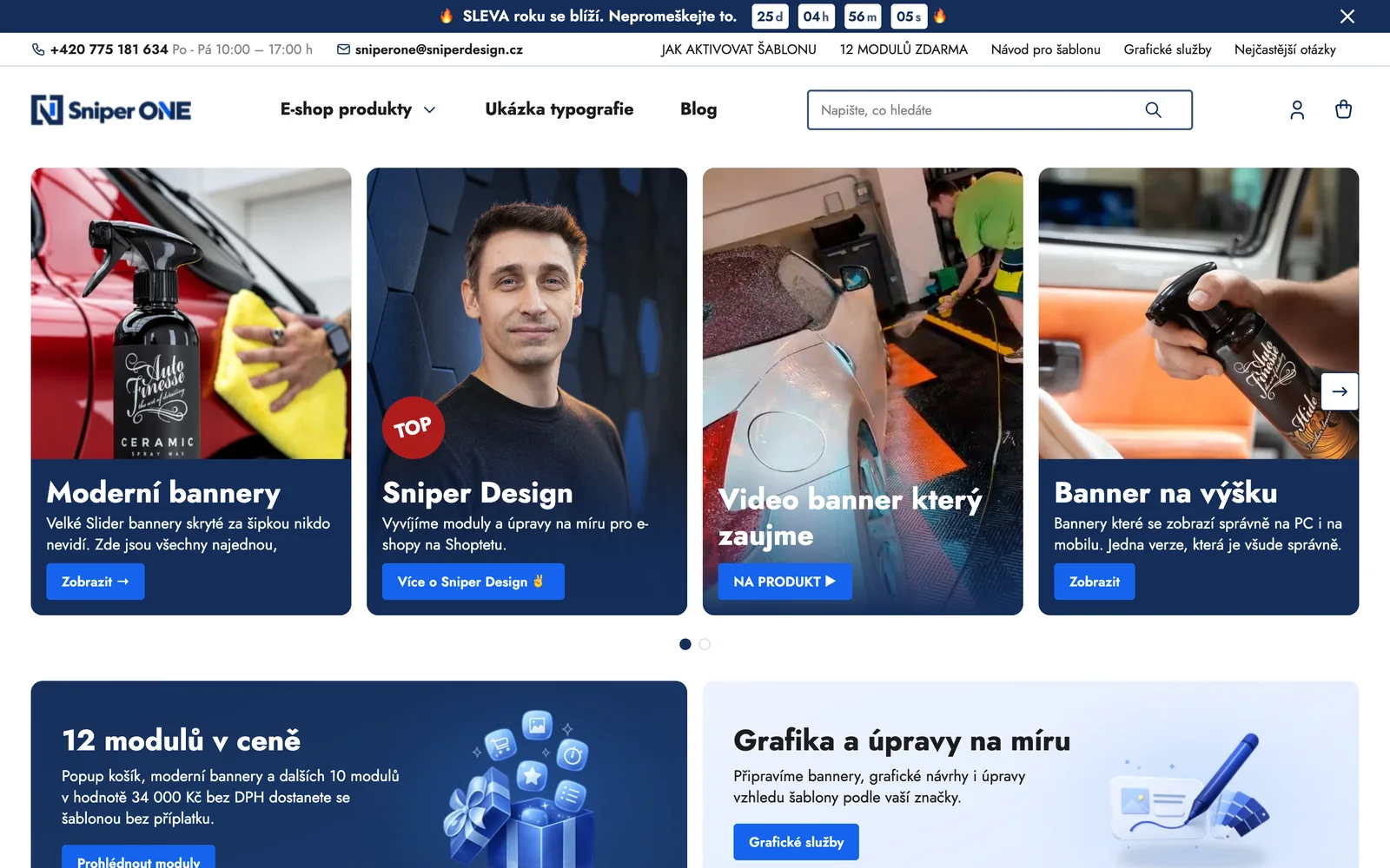 Úvodní stránka: bannery na výšku v horní řadě a pod nimi dvojice doplňkových bannerů