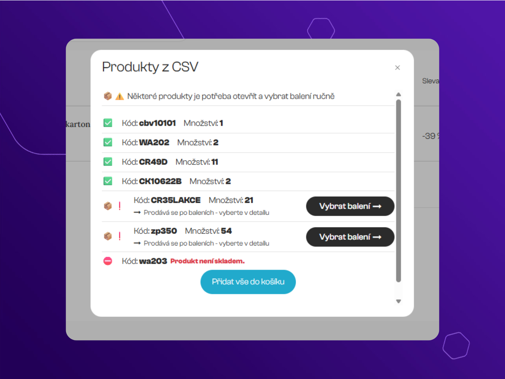 Hromadné nahrání produktů do košíku (CSV) pro Upgates e-shop