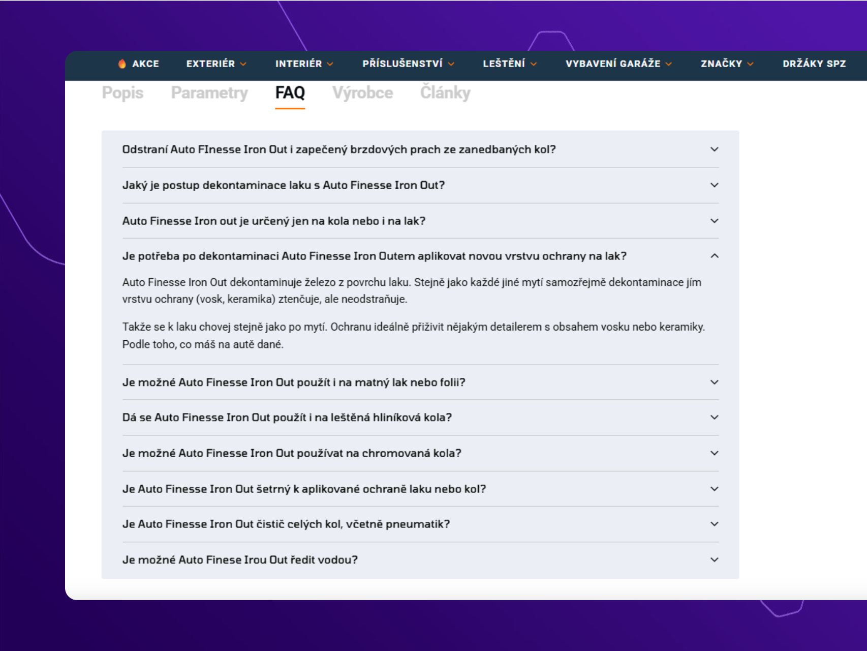 FAQ na produktech a kategoriích
