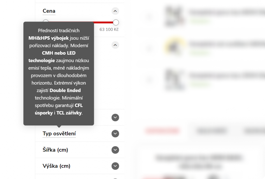 Vysvětlivky k parametru zobrazené ve filtraci a detailu produktu