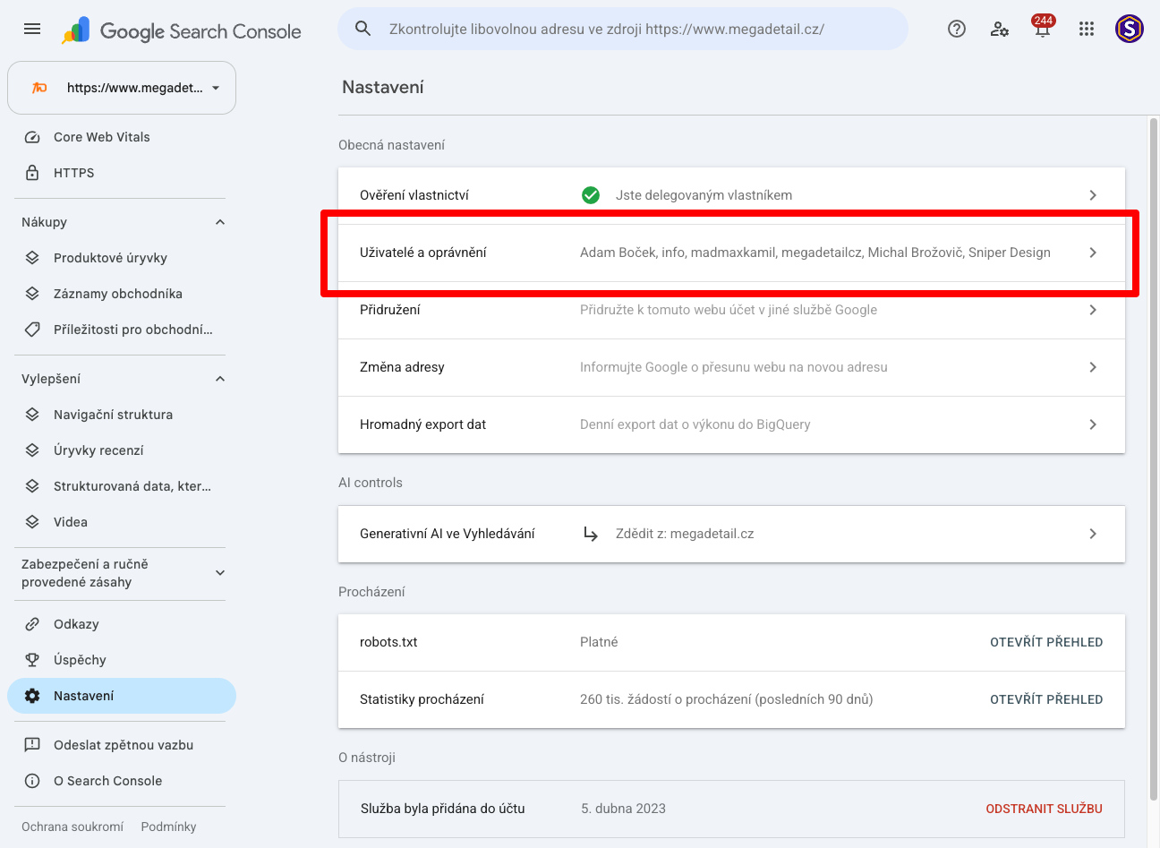 Obrazovka Nastavení v Search Console s vyznačenou položkou Uživatelé a oprávnění