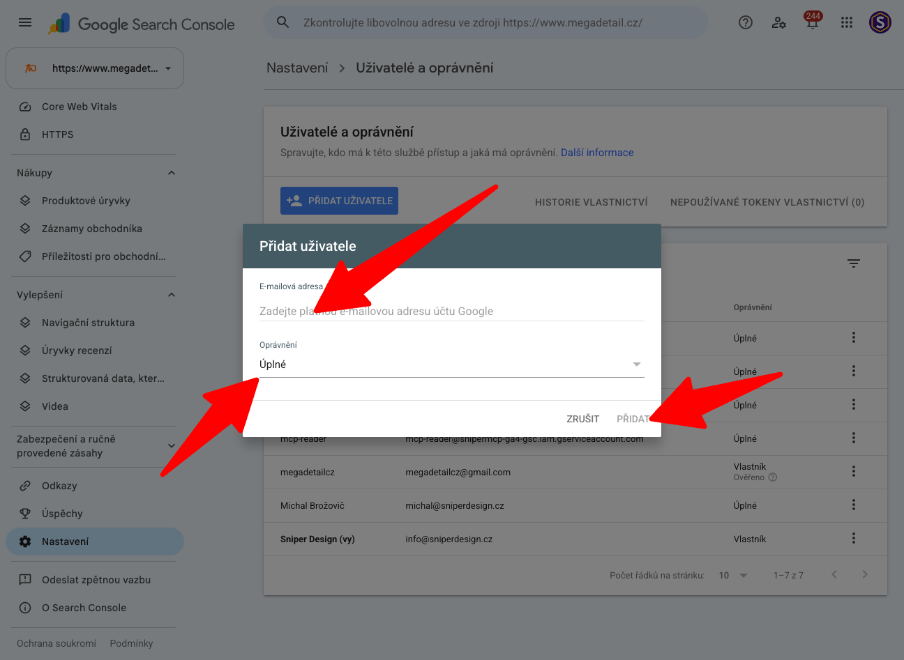 Dialog Přidat uživatele v Search Console s polem pro e-mail a rozbalovacím výběrem oprávnění