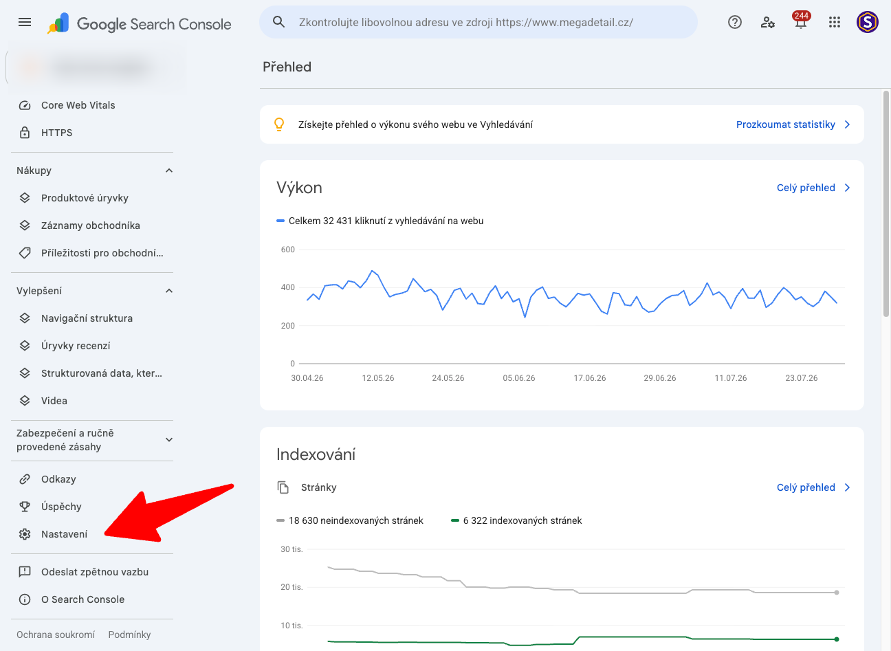Levé menu Google Search Console s vyznačenou položkou Nastavení úplně dole